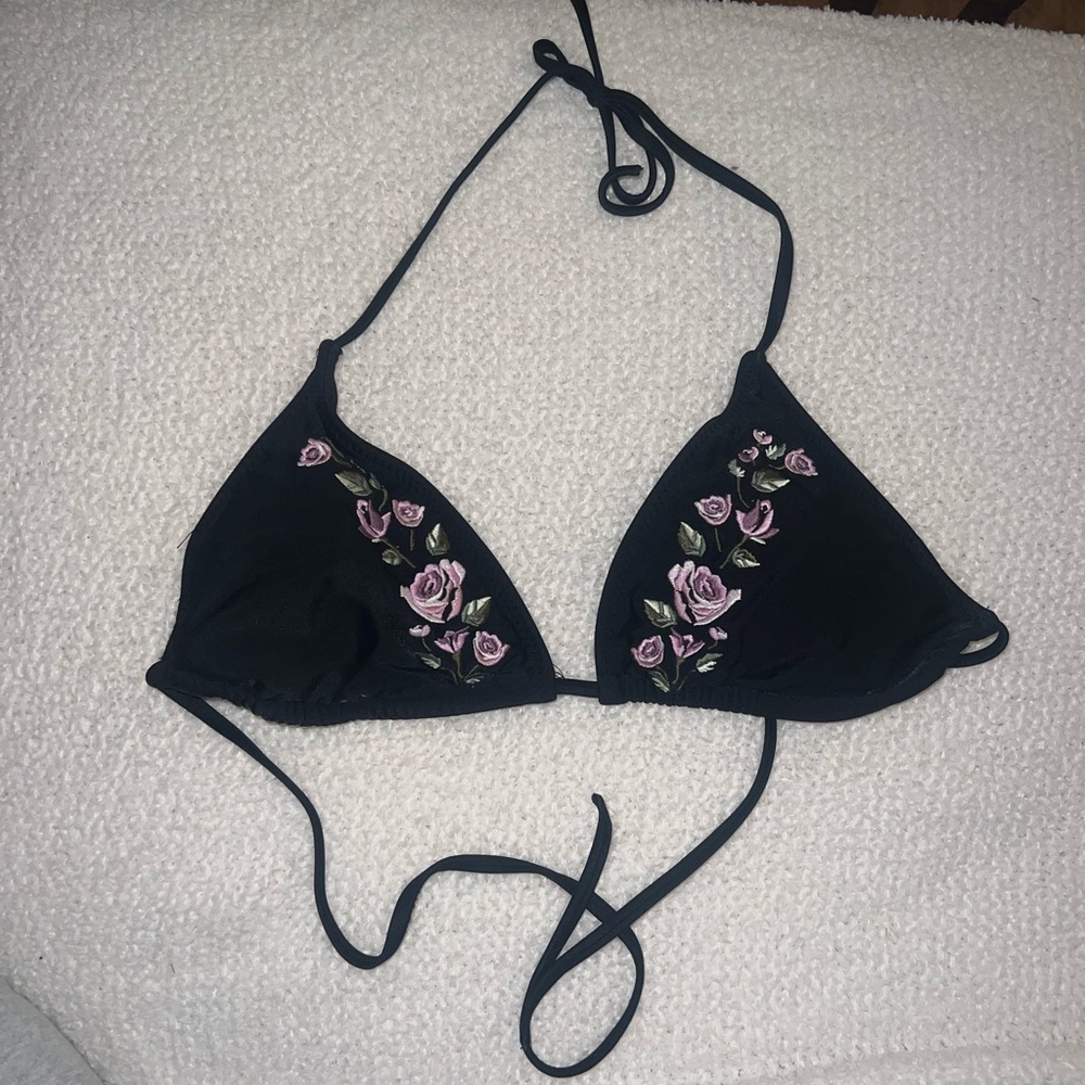 Floral embroidered string bikini top
